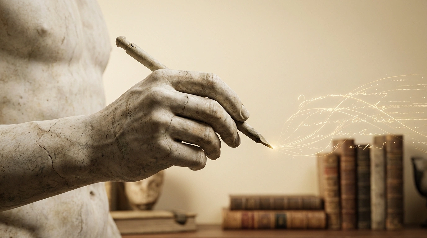 Classical statue hand holding a modern pen, drawing luminous glowing lines of text over a backdrop of antique leather-bound books in a warm, museum-like setting.